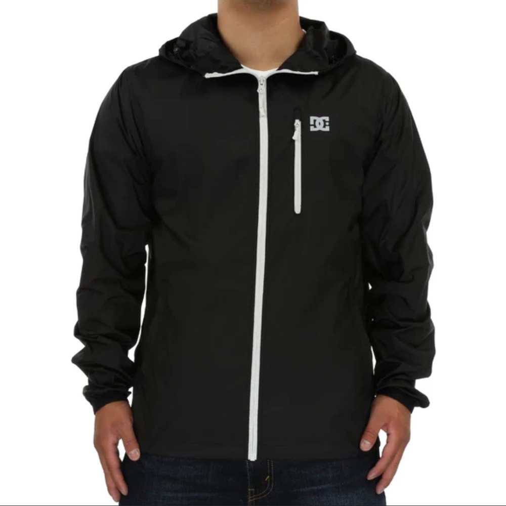 DC Black Windbreaker Jacket with White Accents Hooded and Zipup Size XS